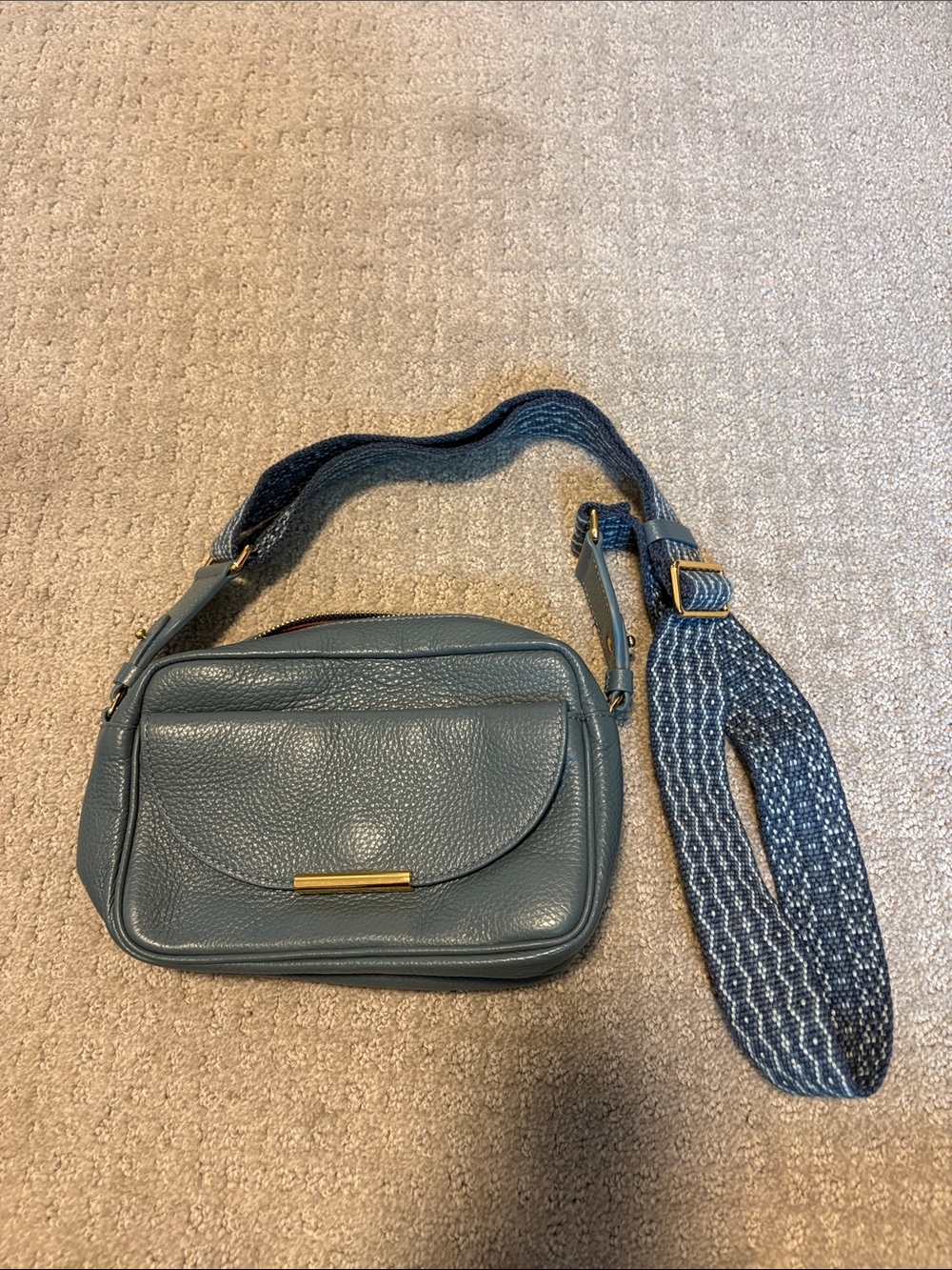 Textured Blue Leather Crossbody with Detachable Jacquard Strap